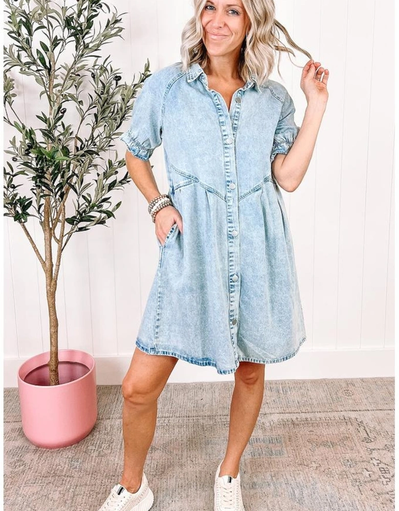 Beau Blue Mineral Wash Ruffled Short Sleeve Buttoned Denim Dress