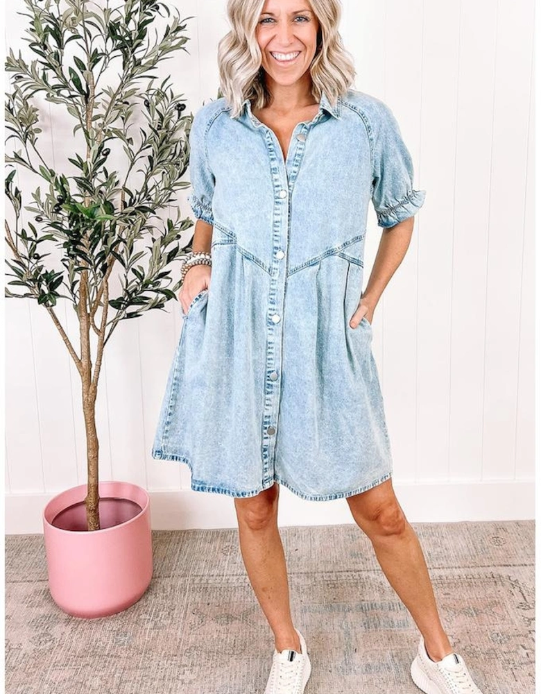 Beau Blue Mineral Wash Ruffled Short Sleeve Buttoned Denim Dress