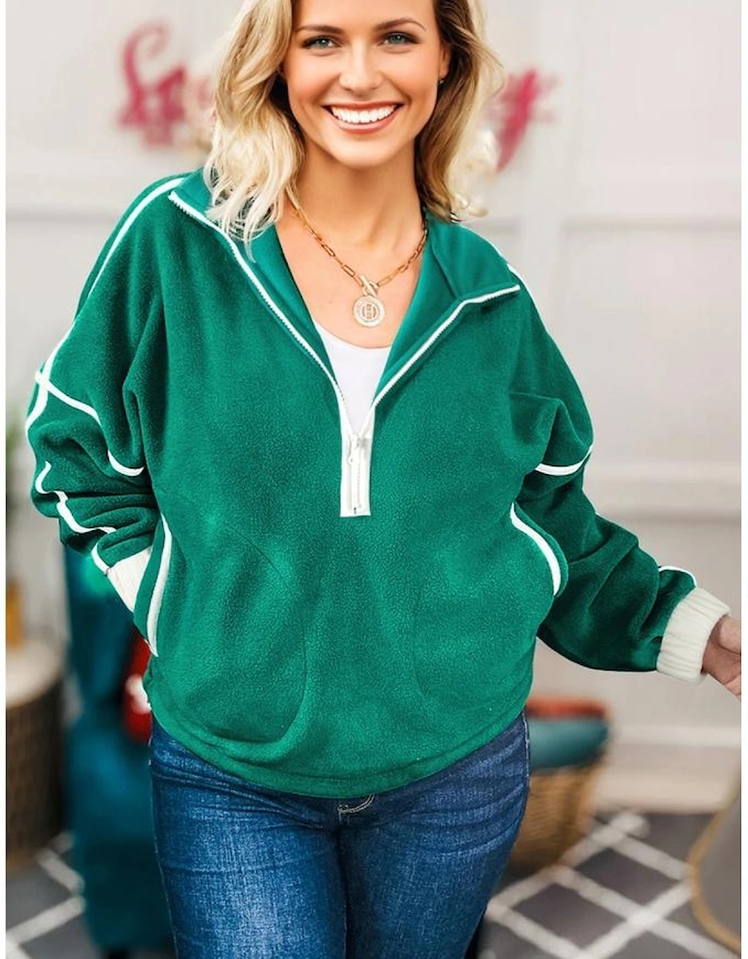 Dark Green Half Zip Contrast Trim Pocketed Plus Size Fleece Sweatshirt, 10 of 9
