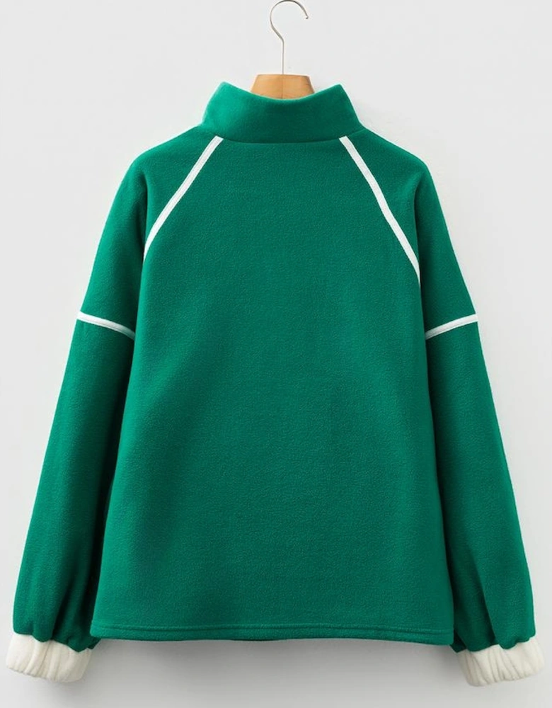 Dark Green Half Zip Contrast Trim Pocketed Plus Size Fleece Sweatshirt