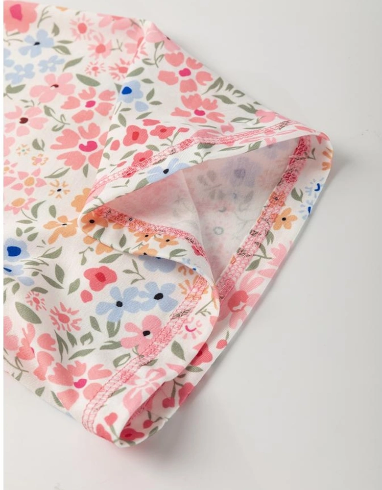 Beige Floral Patchwork Chest Pocket Wide Sleeve Waffle T Shirt