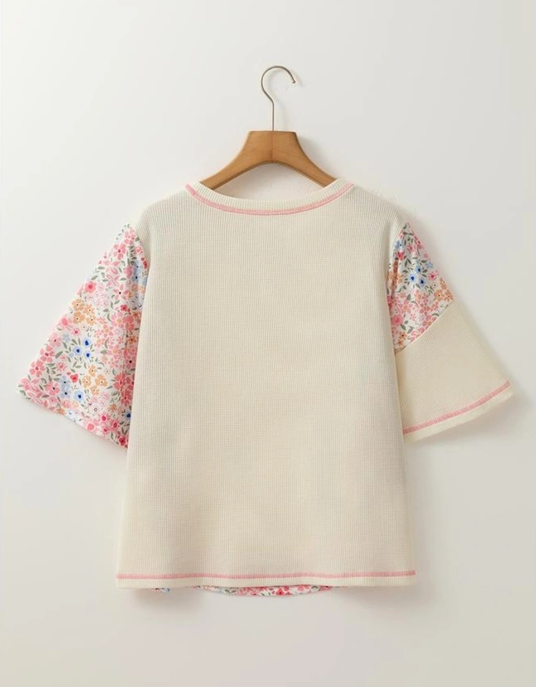 Beige Floral Patchwork Chest Pocket Wide Sleeve Waffle T Shirt
