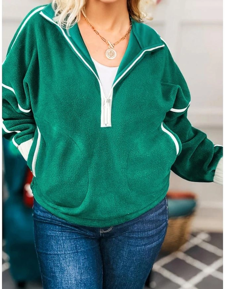 Dark Green Half Zip Contrast Trim Pocketed Plus Size Fleece Sweatshirt
