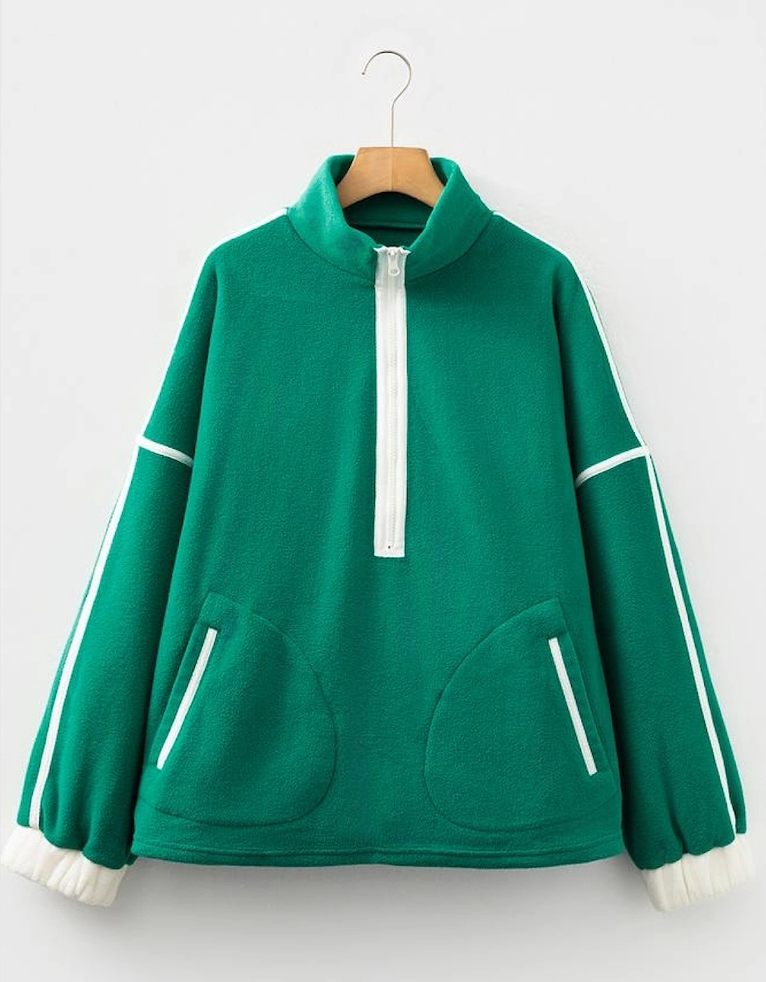Dark Green Half Zip Contrast Trim Pocketed Plus Size Fleece Sweatshirt
