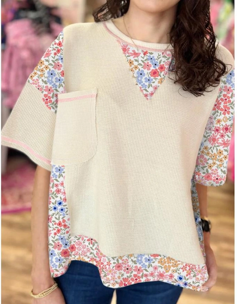 Beige Floral Patchwork Chest Pocket Wide Sleeve Waffle T Shirt