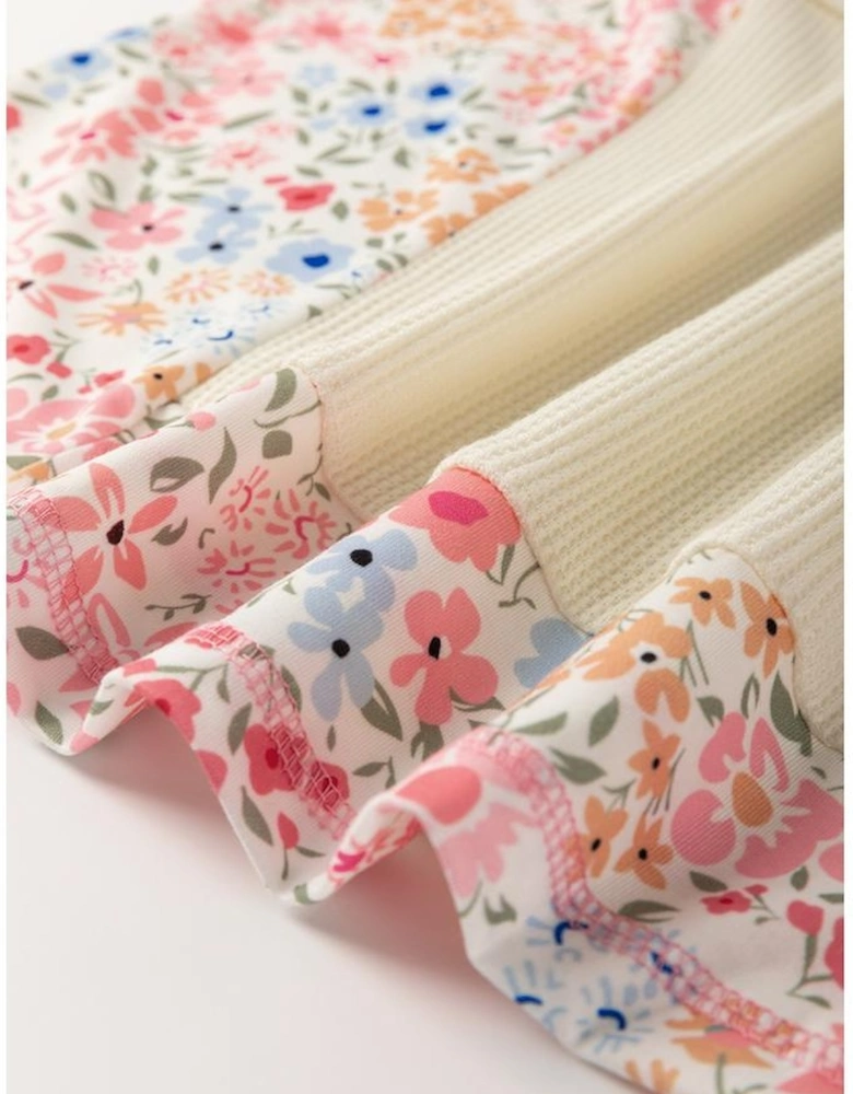 Beige Floral Patchwork Chest Pocket Wide Sleeve Waffle T Shirt