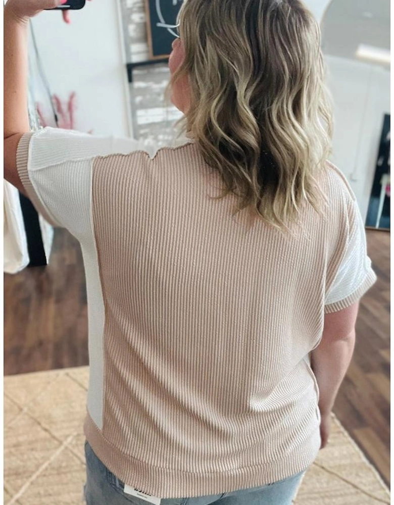 Parchment Twist Rib Colorblock Hi Low Plus Size Short Sleeve Top
