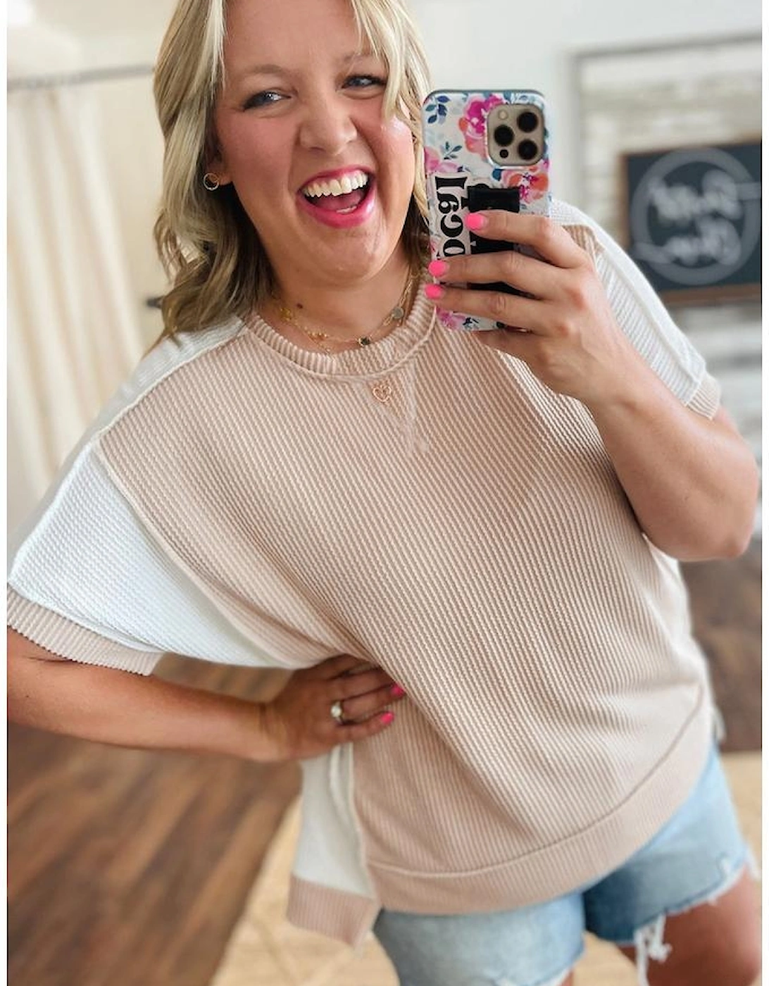 Parchment Twist Rib Colorblock Hi Low Plus Size Short Sleeve Top