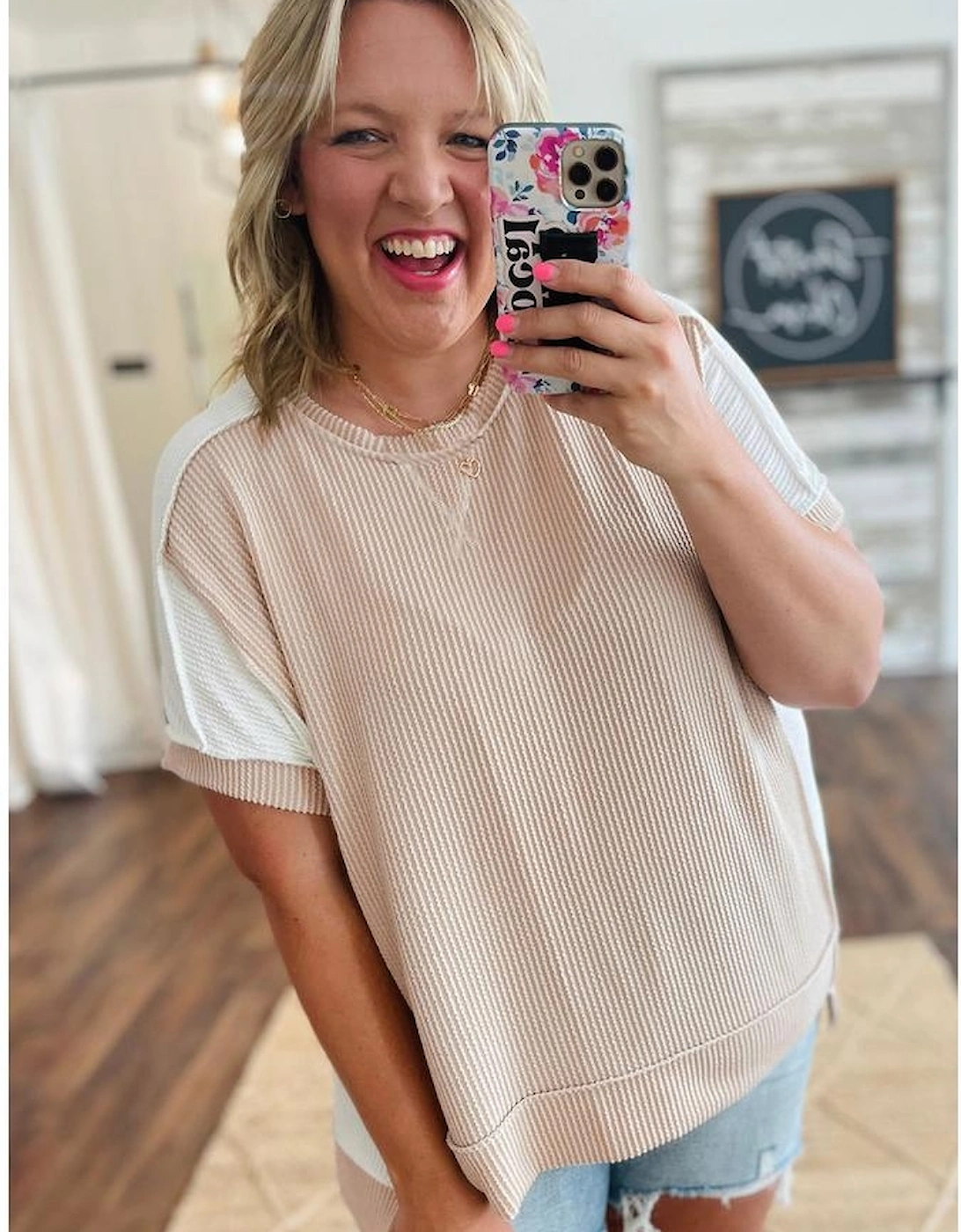 Parchment Twist Rib Colorblock Hi Low Plus Size Short Sleeve Top