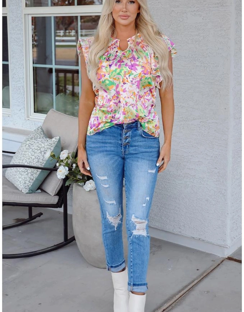 Purple Abstract Printed Ruffled Short Sleeve Notched Neck Blouse