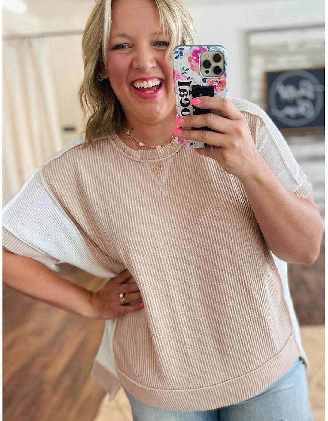 Parchment Twist Rib Colorblock Hi Low Plus Size Short Sleeve Top