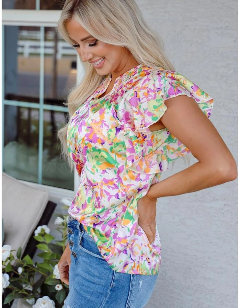 Purple Abstract Printed Ruffled Short Sleeve Notched Neck Blouse