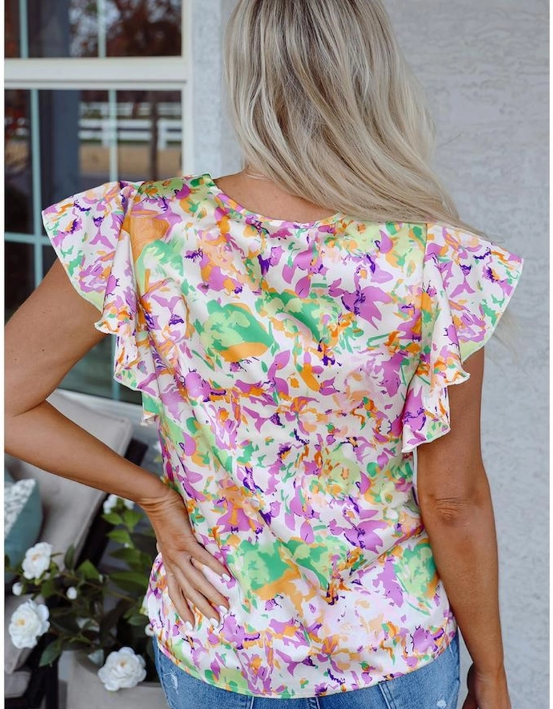 Purple Abstract Printed Ruffled Short Sleeve Notched Neck Blouse