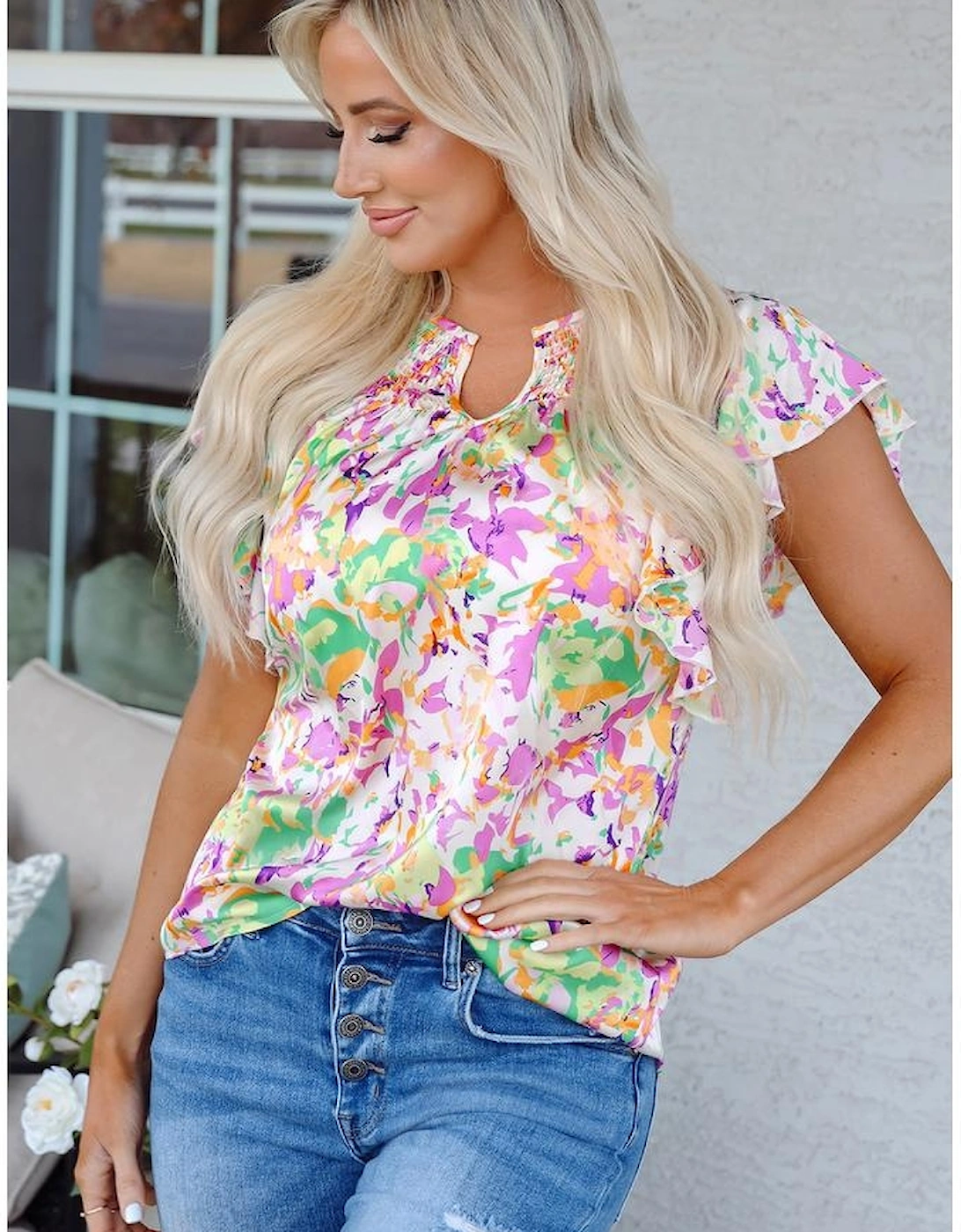 Purple Abstract Printed Ruffled Short Sleeve Notched Neck Blouse