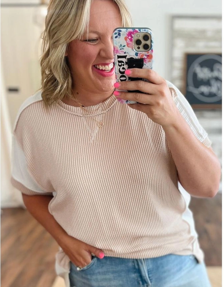Parchment Twist Rib Colorblock Hi Low Plus Size Short Sleeve Top