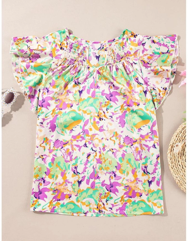 Purple Abstract Printed Ruffled Short Sleeve Notched Neck Blouse
