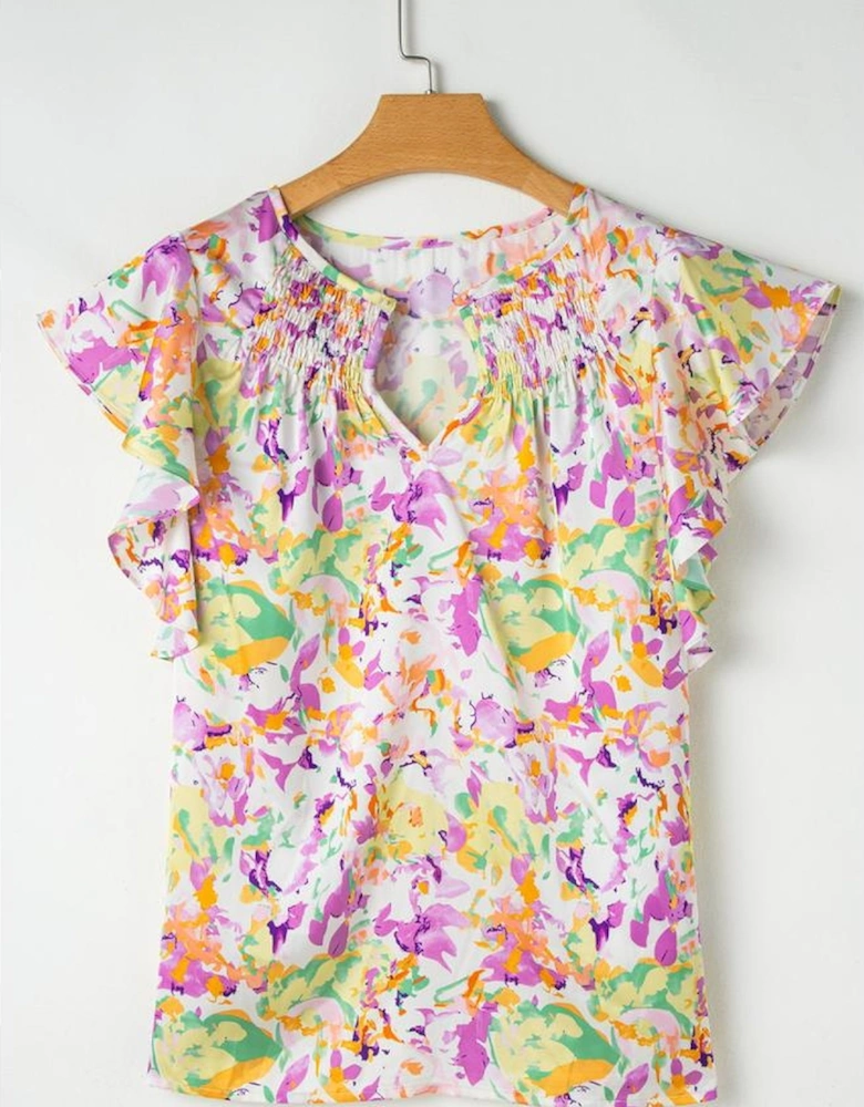 Purple Abstract Printed Ruffled Short Sleeve Notched Neck Blouse
