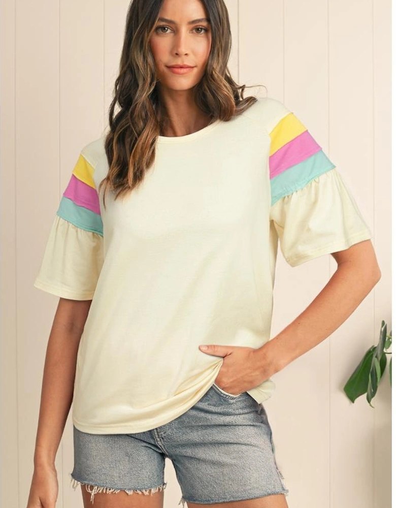 White Color Block Stitched Sleeve Loose T Shirt