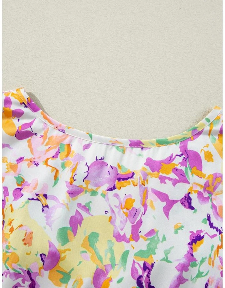 Purple Abstract Printed Ruffled Short Sleeve Notched Neck Blouse
