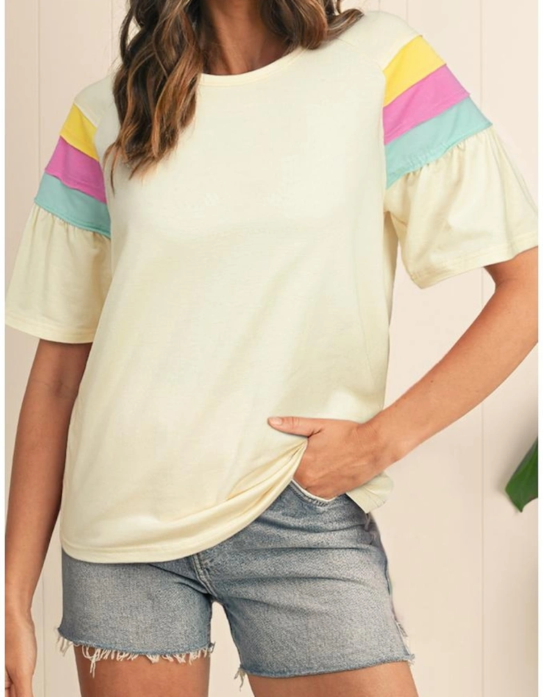 White Color Block Stitched Sleeve Loose T Shirt