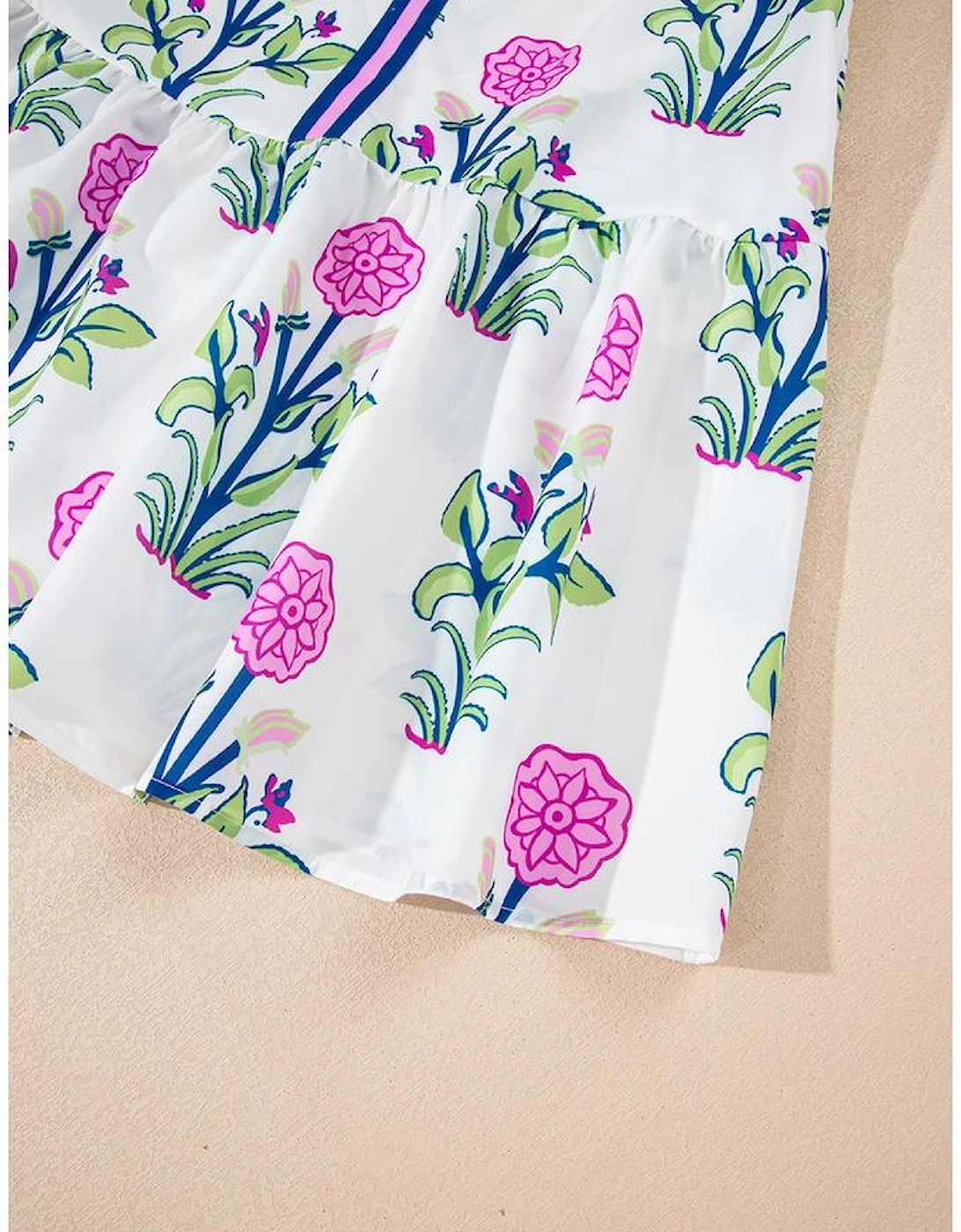 White Floral Print Contrast Striped Trim Notched Neck Long Sleeve Dress