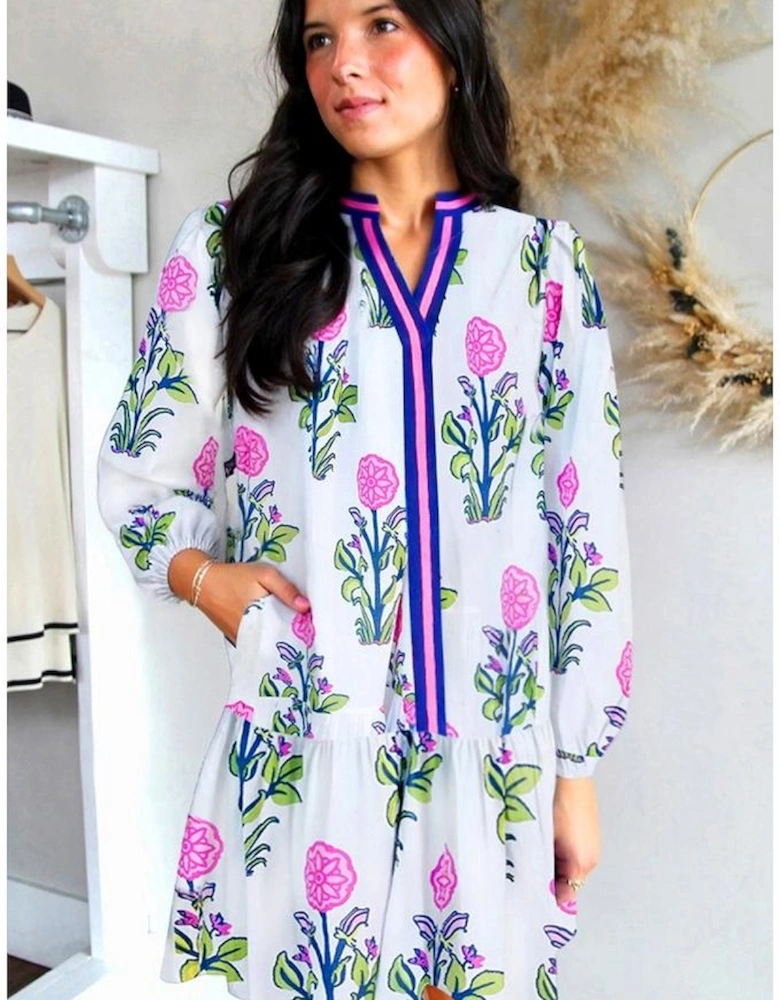 White Floral Print Contrast Striped Trim Notched Neck Long Sleeve Dress