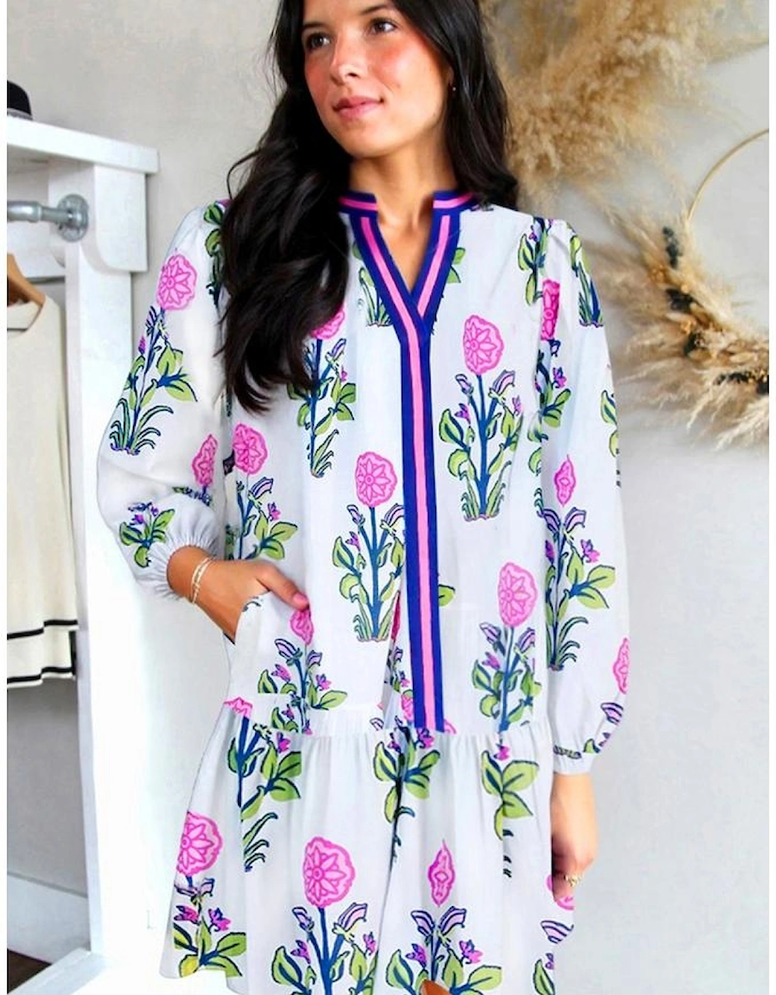 White Floral Print Contrast Striped Trim Notched Neck Long Sleeve Dress, 11 of 10