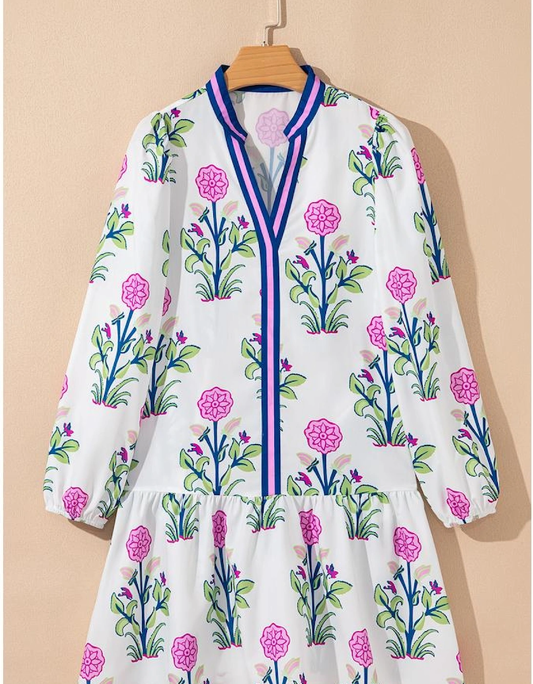 White Floral Print Contrast Striped Trim Notched Neck Long Sleeve Dress