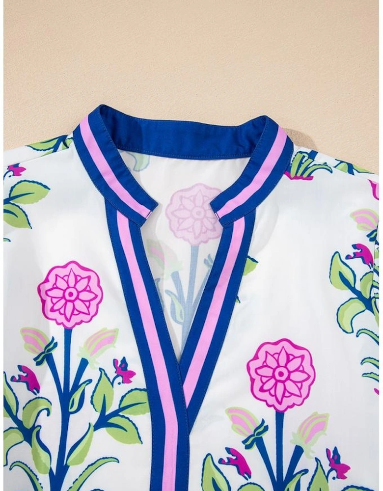 White Floral Print Contrast Striped Trim Notched Neck Long Sleeve Dress