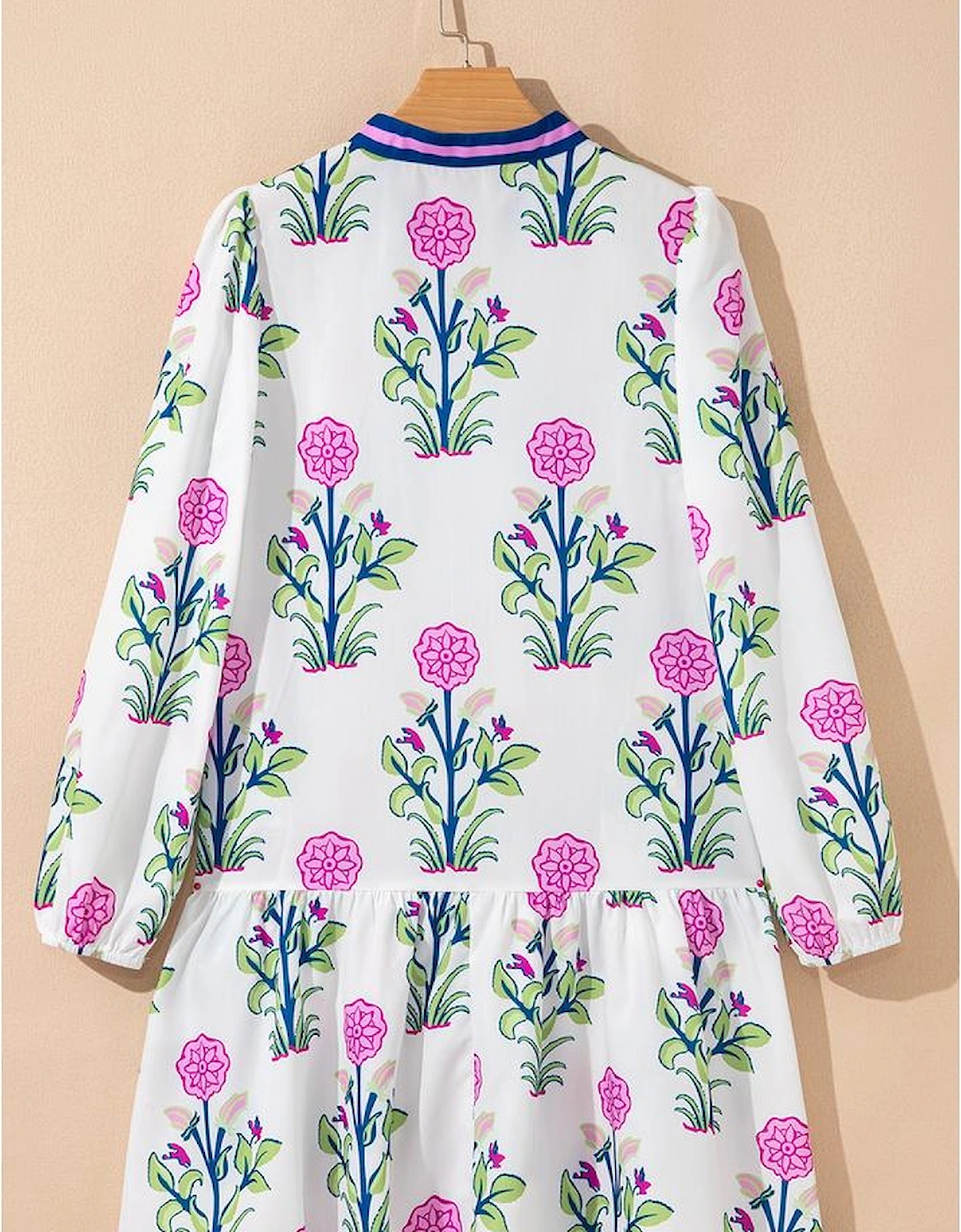 White Floral Print Contrast Striped Trim Notched Neck Long Sleeve Dress