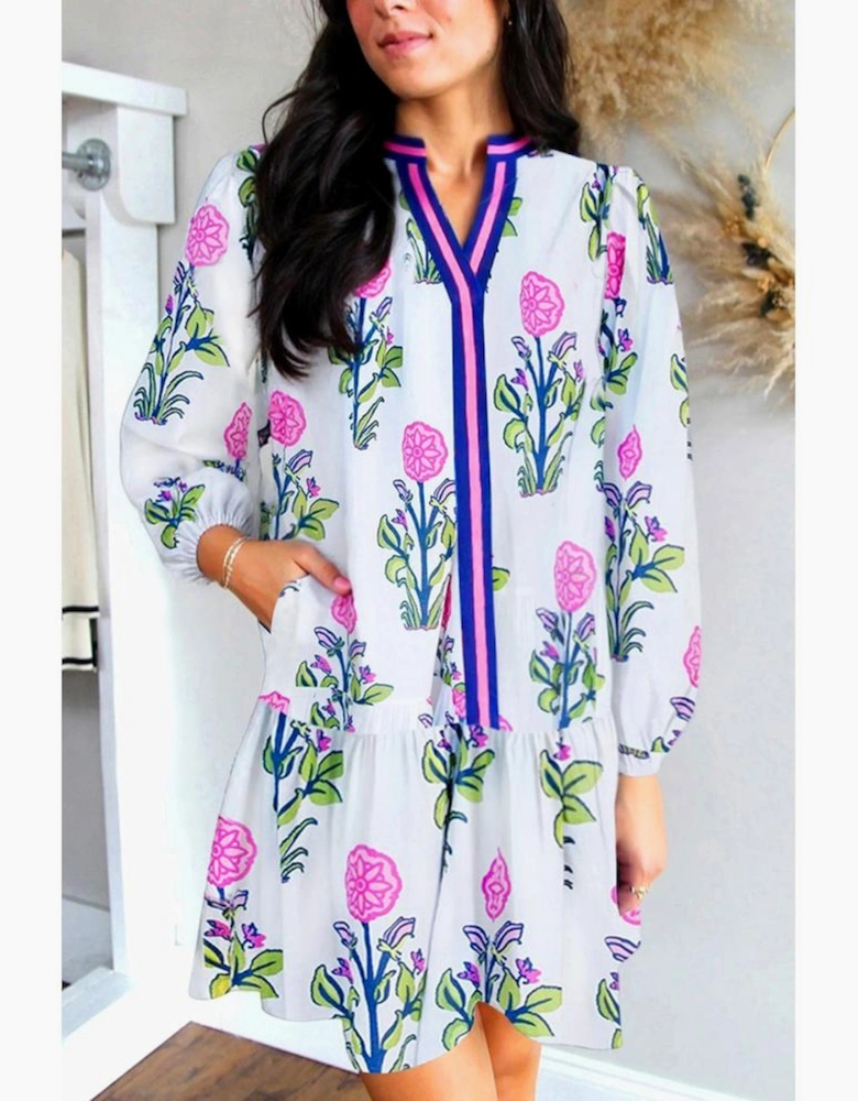 White Floral Print Contrast Striped Trim Notched Neck Long Sleeve Dress