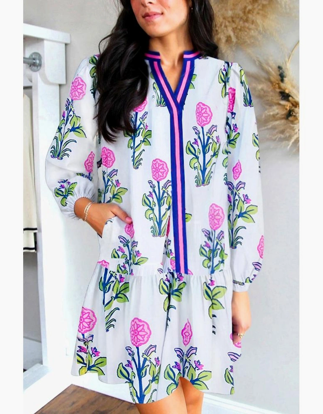 White Floral Print Contrast Striped Trim Notched Neck Long Sleeve Dress