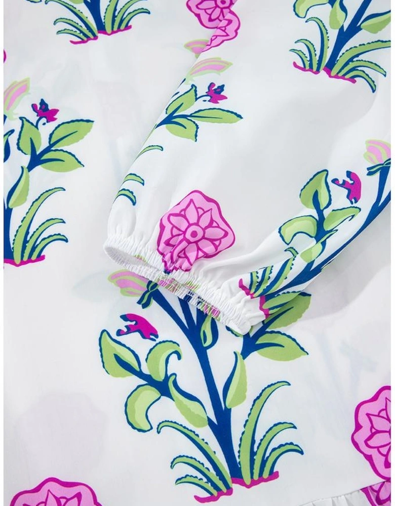 White Floral Print Contrast Striped Trim Notched Neck Long Sleeve Dress