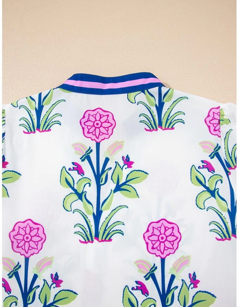 White Floral Print Contrast Striped Trim Notched Neck Long Sleeve Dress