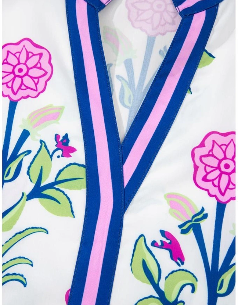 White Floral Print Contrast Striped Trim Notched Neck Long Sleeve Dress