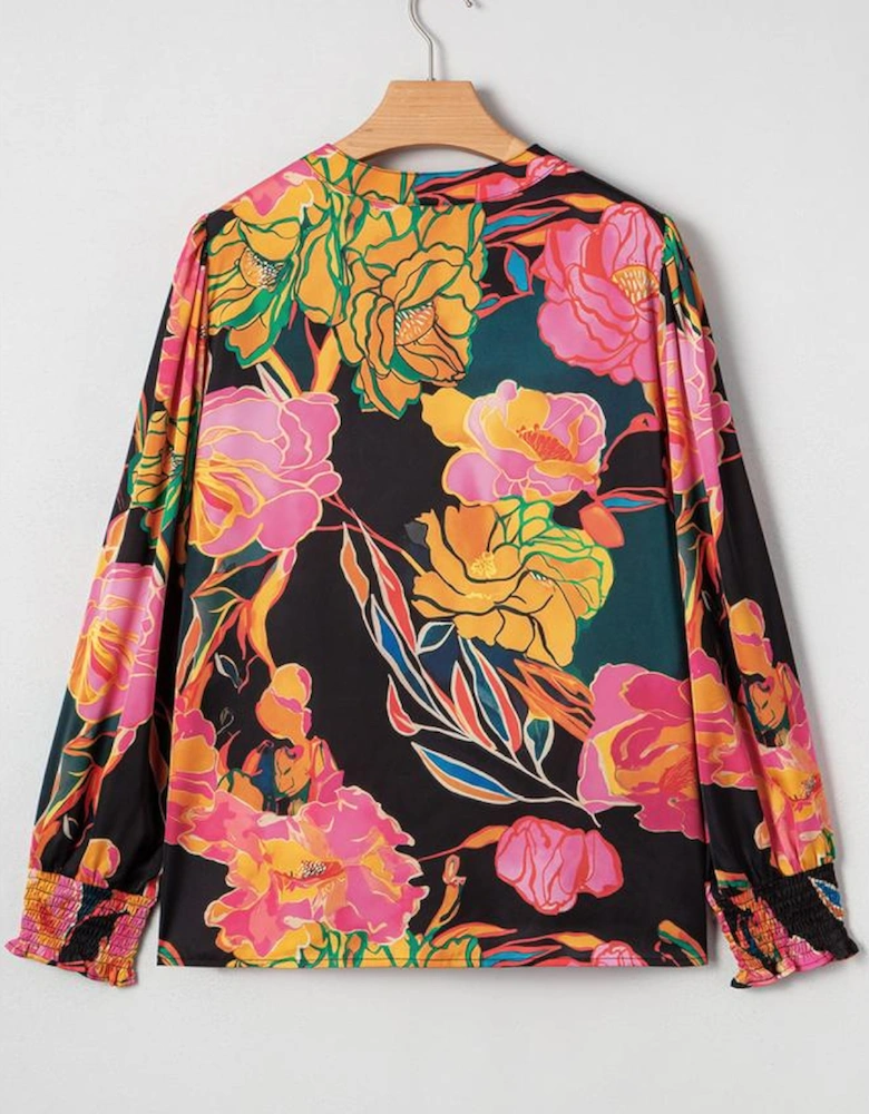 Black Floral Print Smocked Cuffs Puff Sleeve V Neck Blouse