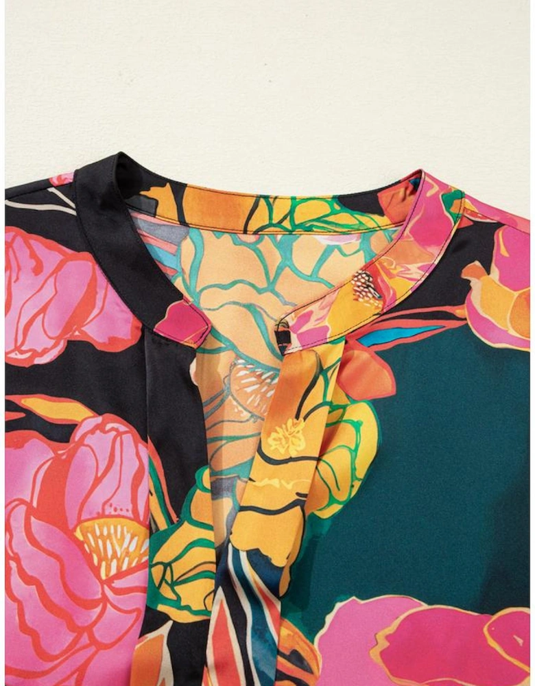 Black Floral Print Smocked Cuffs Puff Sleeve V Neck Blouse