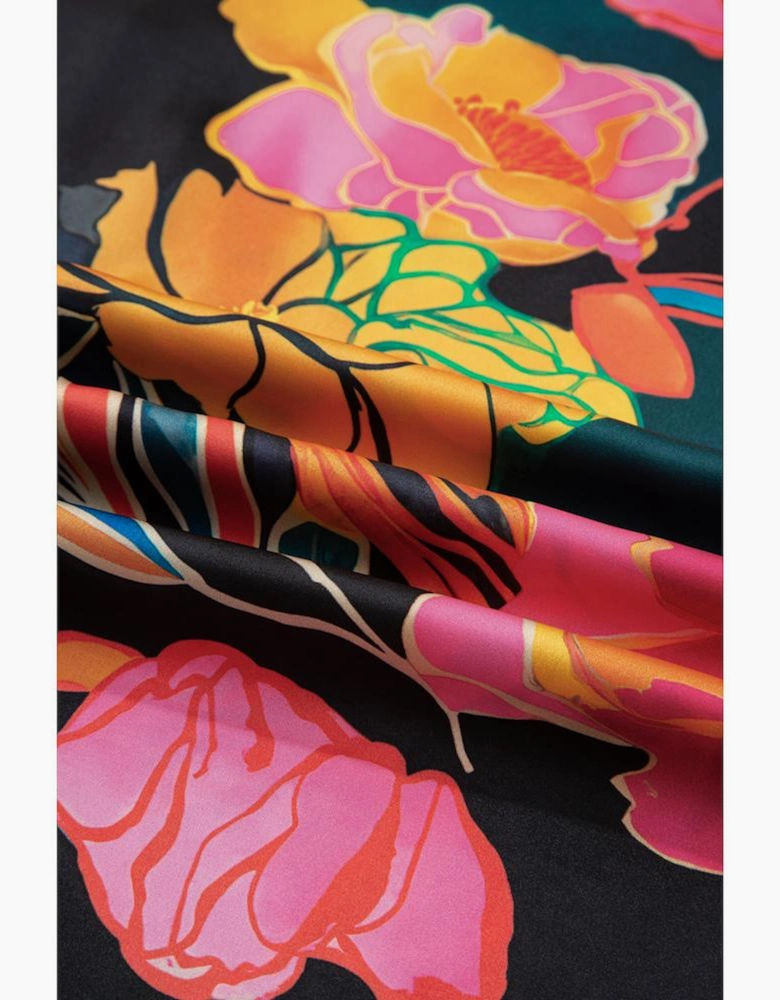 Black Floral Print Smocked Cuffs Puff Sleeve V Neck Blouse