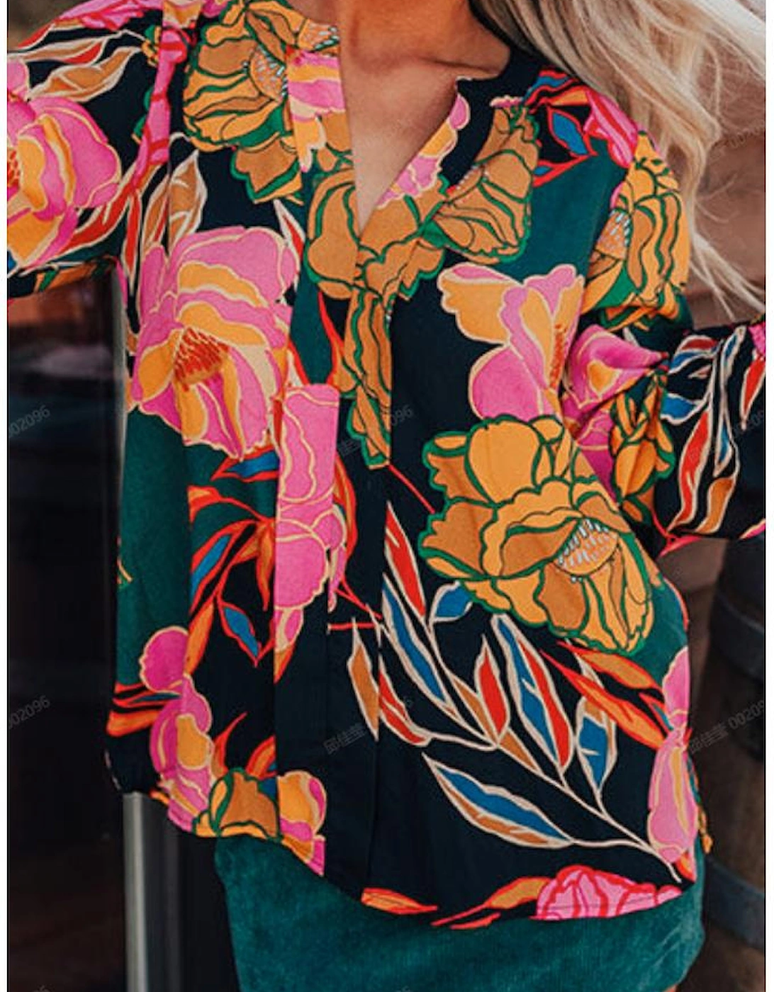 Black Floral Print Smocked Cuffs Puff Sleeve V Neck Blouse