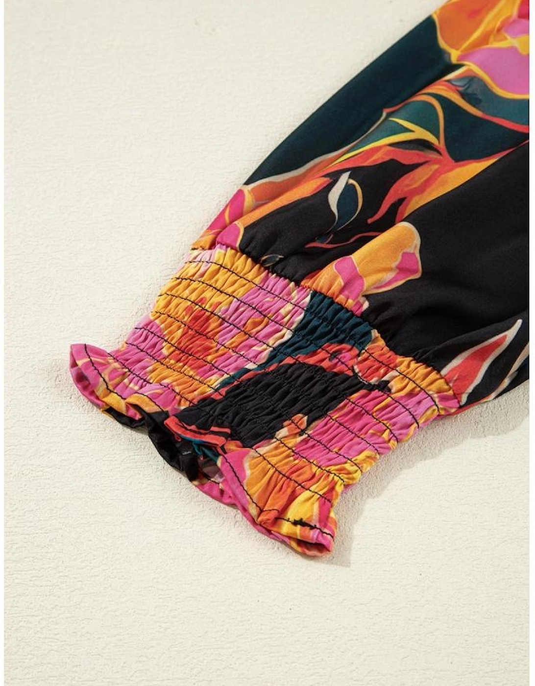 Black Floral Print Smocked Cuffs Puff Sleeve V Neck Blouse