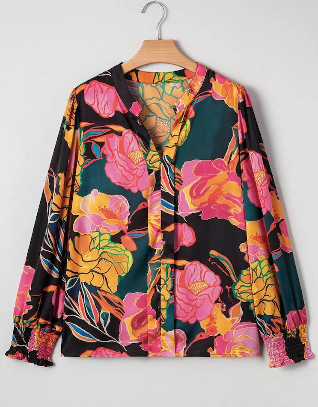 Black Floral Print Smocked Cuffs Puff Sleeve V Neck Blouse, 9 of 8