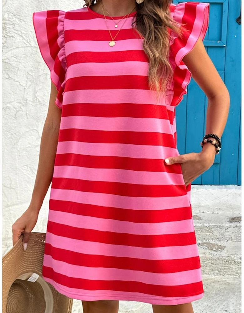 Red Stripe Flutter Sleeve Round Neck Shift Dress