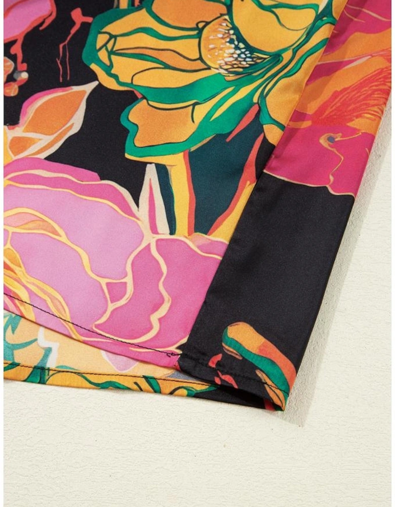 Black Floral Print Smocked Cuffs Puff Sleeve V Neck Blouse