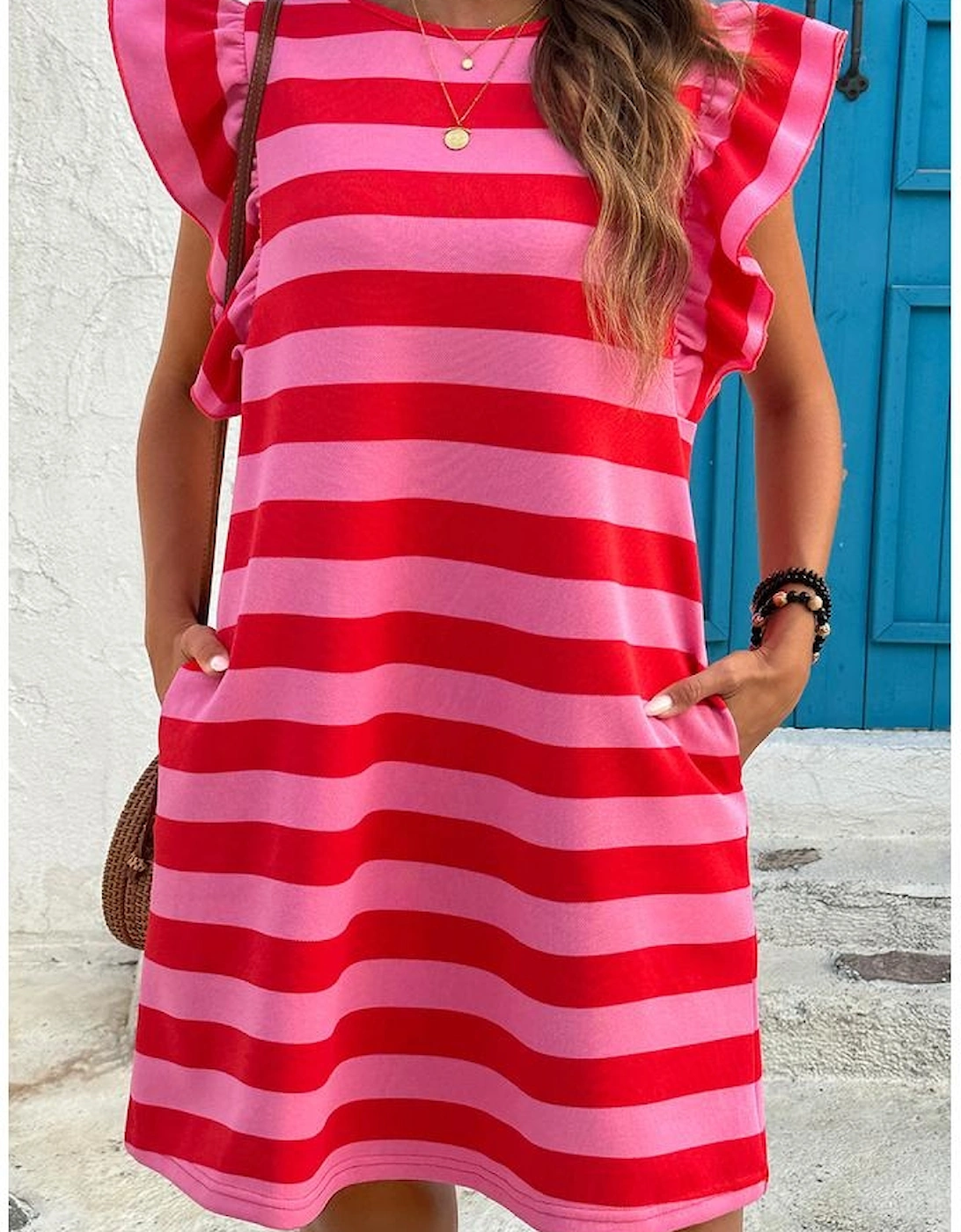 Red Stripe Flutter Sleeve Round Neck Shift Dress