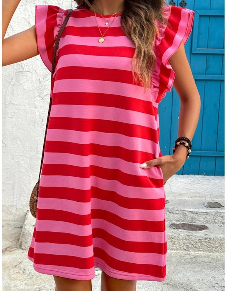 Red Stripe Flutter Sleeve Round Neck Shift Dress