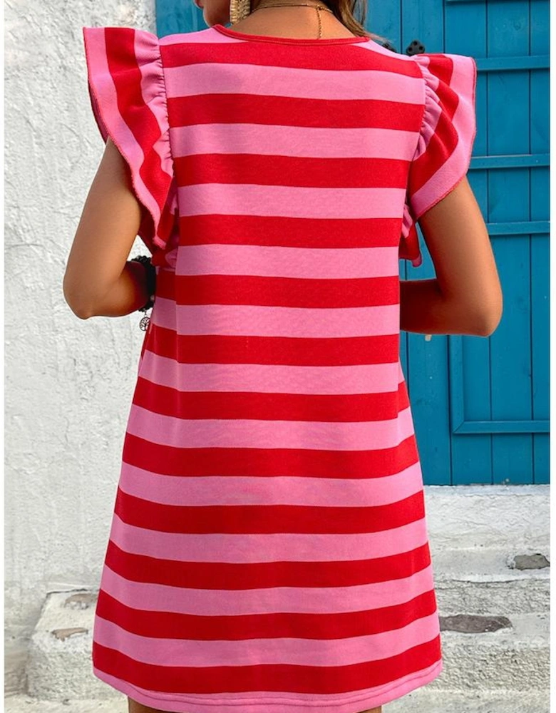 Red Stripe Flutter Sleeve Round Neck Shift Dress