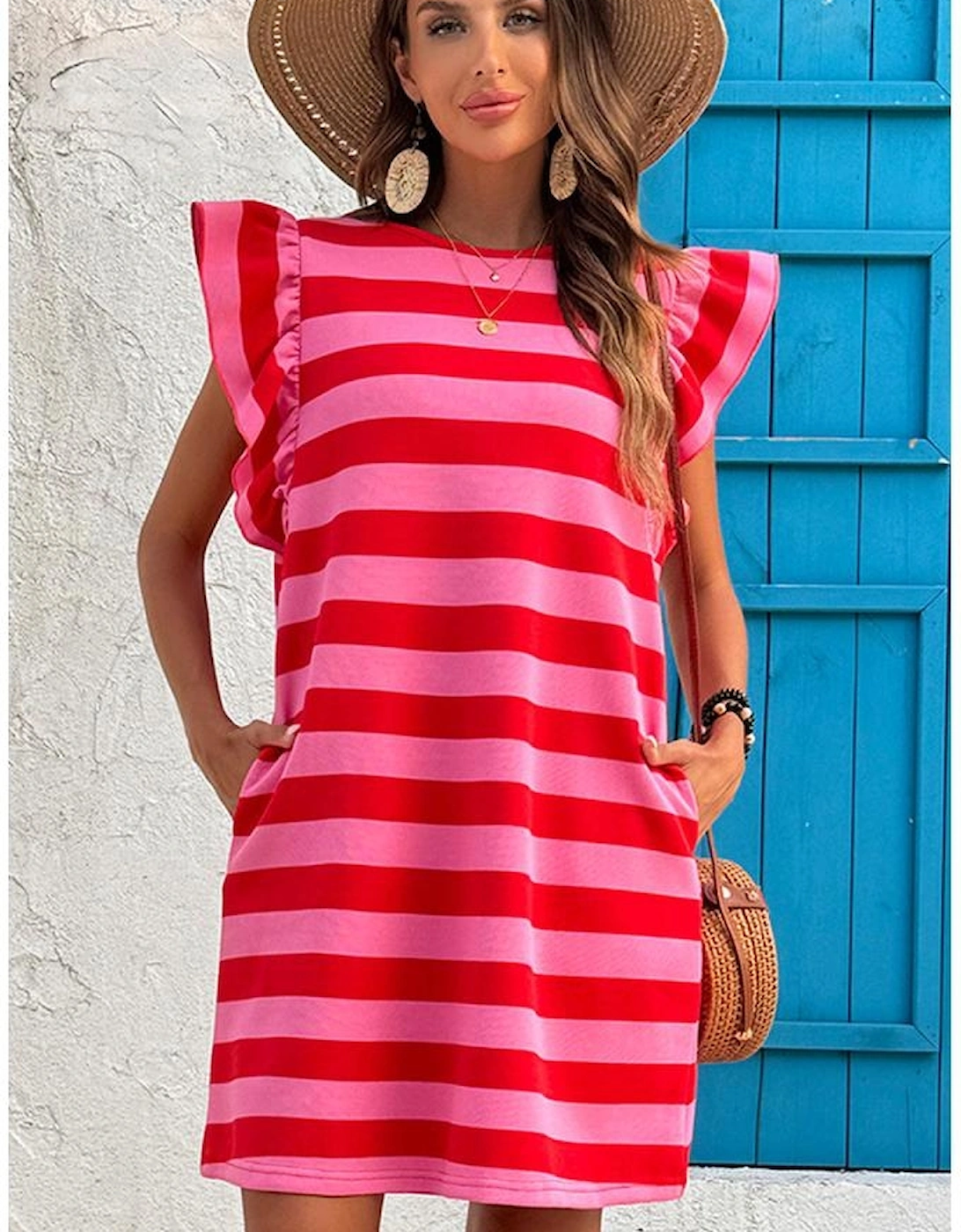 Red Stripe Flutter Sleeve Round Neck Shift Dress