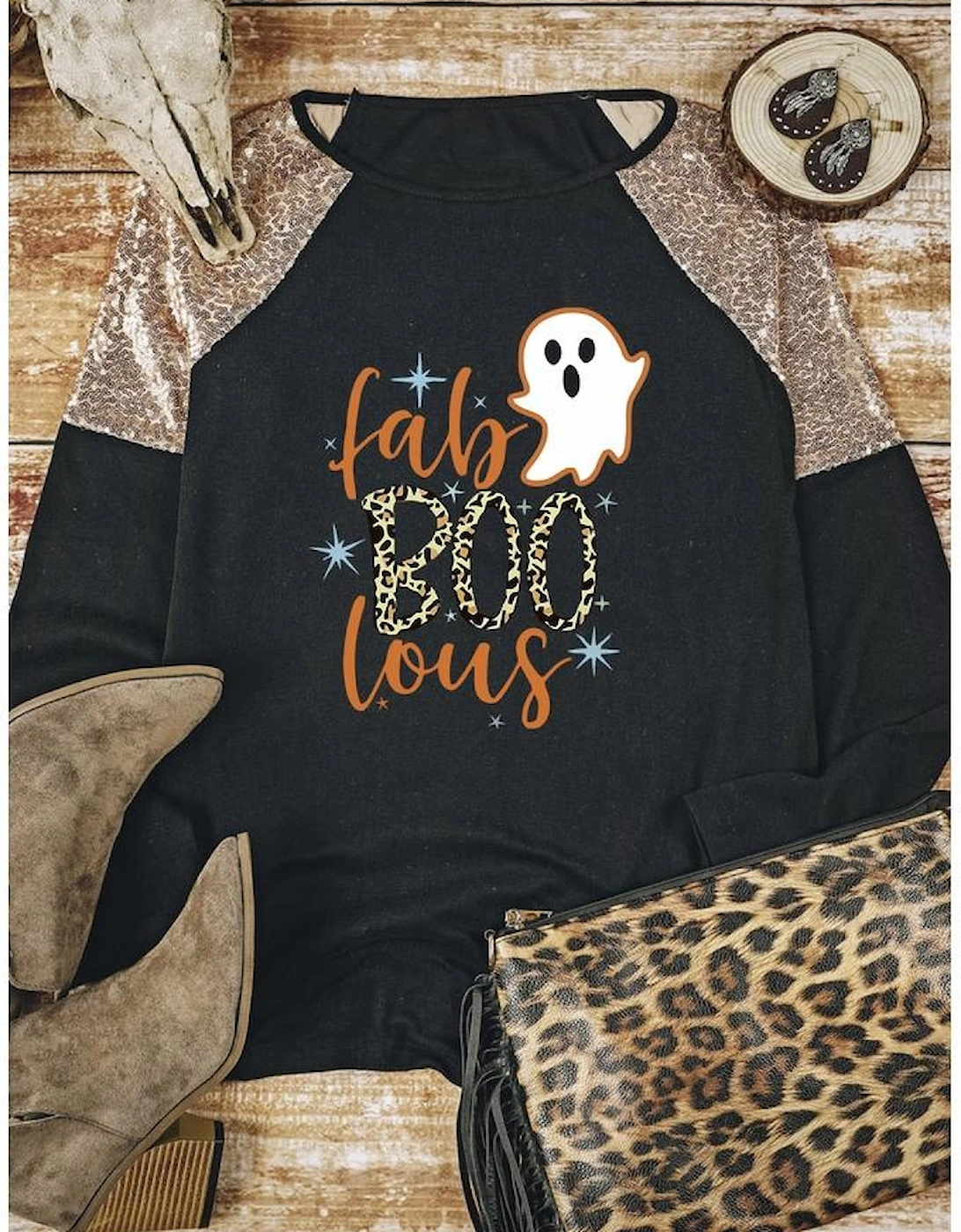 Black Leopard Boo Ghost Graphic Sequin Raglan Sleeve Top