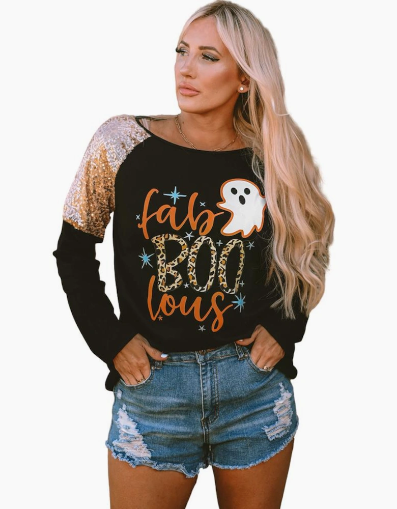 Black Leopard Boo Ghost Graphic Sequin Raglan Sleeve Top