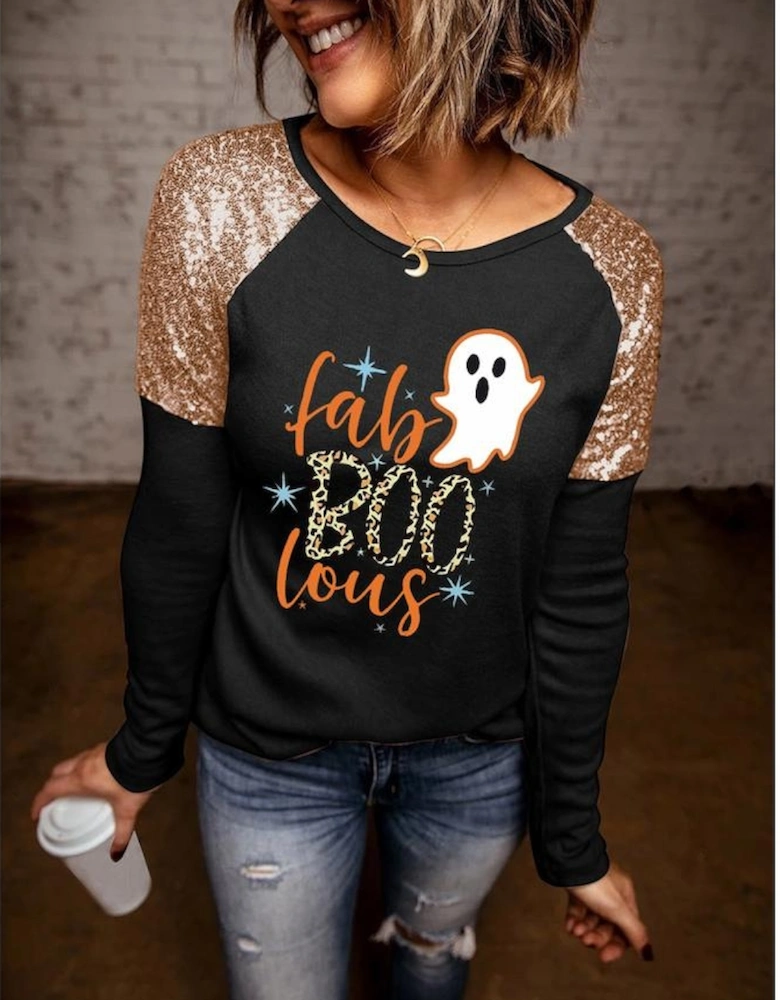 Black Leopard Boo Ghost Graphic Sequin Raglan Sleeve Top